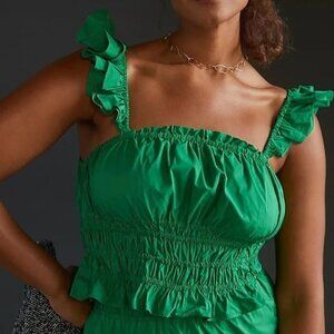 Anthropologie MAEVE SMOCKED TAFFETA TANK GREEN Size:  US 10